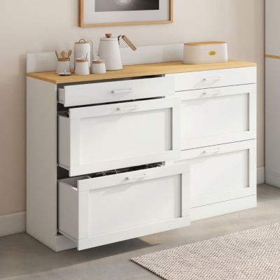 Buffet bas de cuisine 120 cm casserolier VITO plan de travail H.83 cm 6 tiroirs et plateau façon hêtre - vue 2