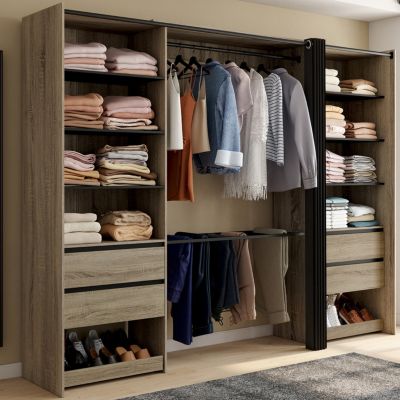 Dressing double MERYL 220 cm avec porte pantalons + étagères + tiroirs + rangements à chaussures hêtre et