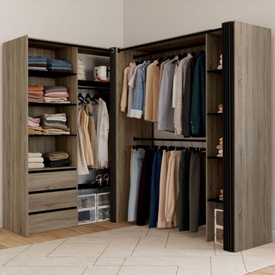 Dressing extensible d'angle MARLON 200 x 150 x 180 cm hêtre avec penderies + tiroirs + étagères + rideaux noirs - vue 6