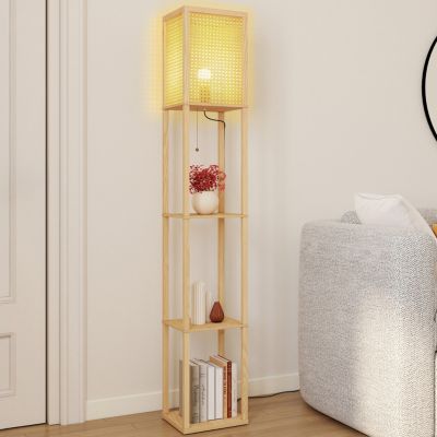 Lampadaire naturel en bois avec étagères et abat jour carré effet cannage - vue 6