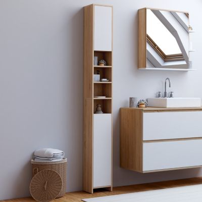 Meuble colonne salle de bain TOMI 2 portes 4 niches façon hêtre et