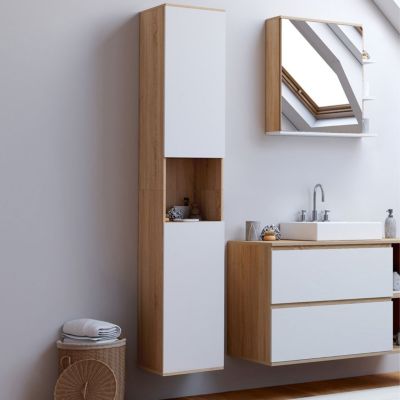 Meuble colonne salle de bain suspendu TOMI 2 portes 1 niche façon hêtre et - vue 2