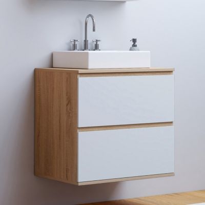 Meuble sous vasque suspendu salle de bain TOMI 2 tiroirs façon hêtre et
