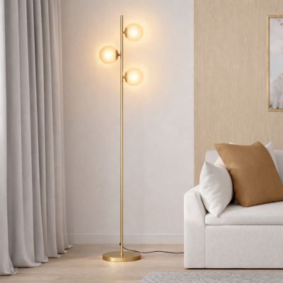 Lampadaire sur pied en métal doré avec 3 abat jours globe verre - vue 2