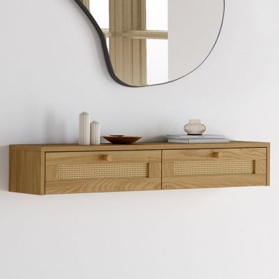 Etagère murale console d'entrée HANAE 2 tiroirs effet naturel cannage - vue 2