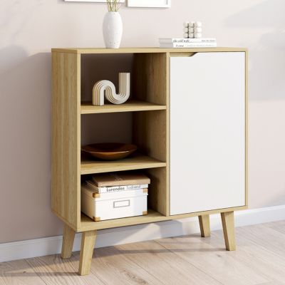 Buffet d'appoint 3 étagères et placard 70 cm FINN et bois façon hêtre - vue 2