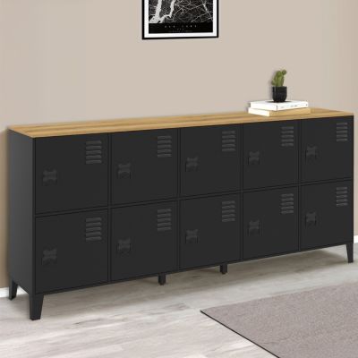 Buffet casier 180 cm ESTER 10 portes en métal plateau bois design industriel