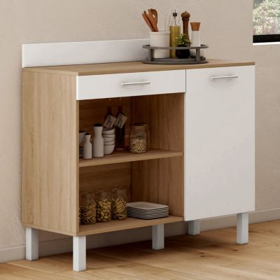 Buffet bas de cuisine 100 cm CINA plan de travail H.83 cm 1 porte + 1 tiroir façon hêtre et
