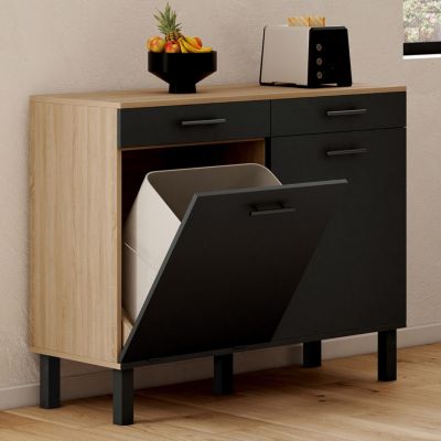 Buffet bas de cuisine avec espace poubelle 100 cm CINA plan de travail H.83 cm 2 portes + tiroirs façon hêtre et - vue 8