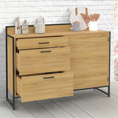 Buffet bas casserolier de cuisine 120 cm DETROIT plan de travail H.83 cm 1 porte + 3 tiroirs design industriel