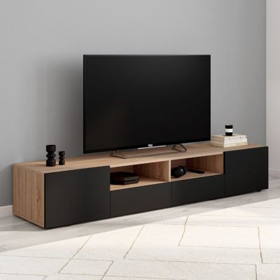 Meuble TV 180 cm ELI bois façon hêtre portes noires - vue 2