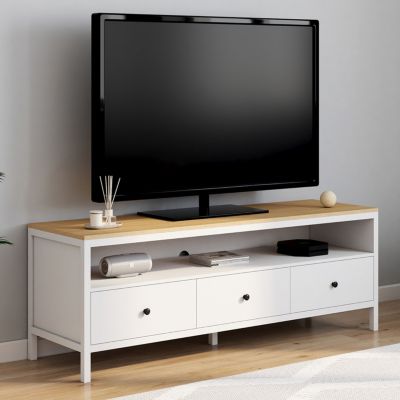 Meuble TV 140 cm ACHILLE 3 tiroirs et plateau bois - vue 7