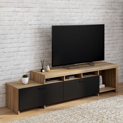 Meuble TV 180 cm MALO bois et placards noirs - vue 2