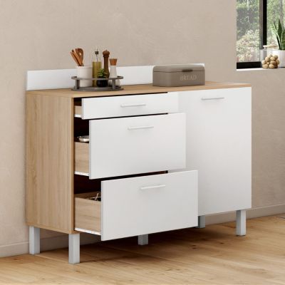 Buffet bas de cuisine 120 cm casserolier CINA plan de travail H.83 cm 1 porte + 3 tiroirs façon hêtre et