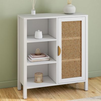 Buffet d'appoint 3 étagères et placard 70 cm EDHEN bois et cannage