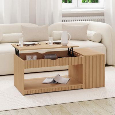 Table basse plateau relevable rectangulaire JULIETTE avec coffre lattes tasseau bois coloris chêne - vue 7