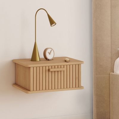 Lot de 2 tables de chevet murales JULIETTE 1 tiroir étagère suspendue lattes tasseau bois - vue 7