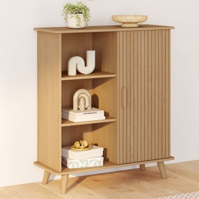 Buffet d'appoint 3 étagères et placard 70 cm JULIETTE effet lattes tasseau bois - vue 7