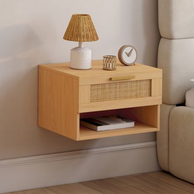 Lot de 2 tables de chevet murales ROBERT 1 tiroir avec niche effet naturel cannage et bois - vue 2