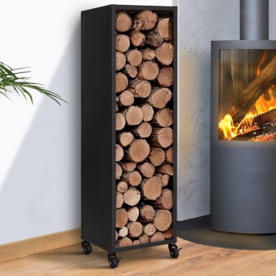 Range bûches vertical plein acier H. 119 CM pour cheminée avec roulettes
