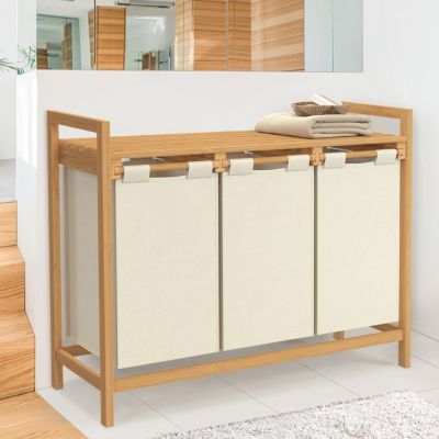 Panier à linge 3 bacs bambou BEA tissu écru - vue 7