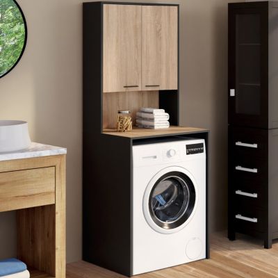 Meuble dessus de machine à laver WALLIS avec placard et bois façon hêtre - vue 2