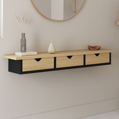 Etagère murale console d'entrée LISE 3 tiroirs effet bois et - vue 2