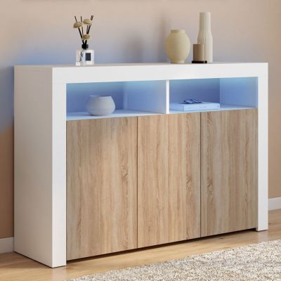 Buffet 110 cm ELIGHT 3 portes avec LED et niches et bois façon hêtre - vue 2