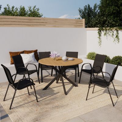 Salon de jardin MESSINA table ronde 120 cm pied araignée plateau métal effet bois et 6 chaises empilables noires - vue 2