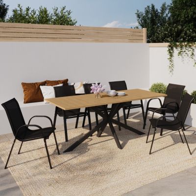 Salon de jardin MESSINA table 190 cm pied araignée plateau métal effet bois et 8 chaises empilables noires - vue 2