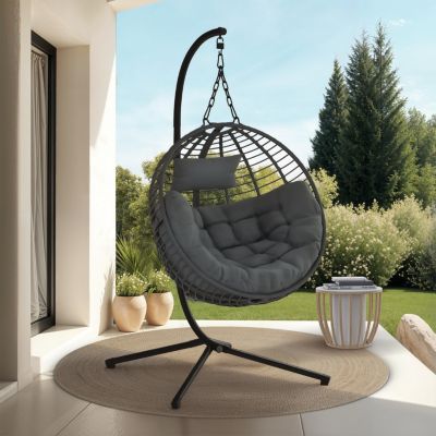 Fauteuil rond suspendu ajouré effet rotin avec coussin - vue 8