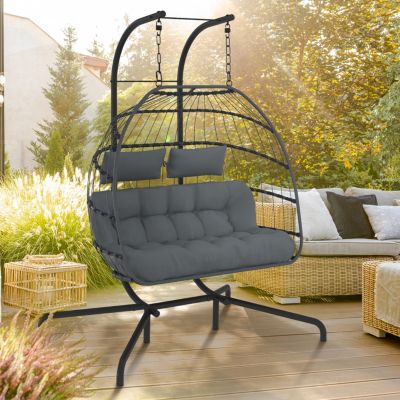 Fauteuil œuf suspendu ajouré 2 places effet rotin avec coussin - vue 9