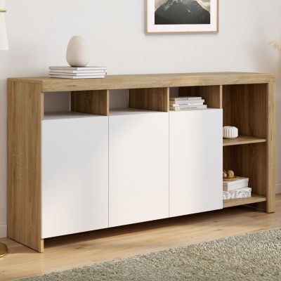 Buffet 140 cm MALO bois façon hêtre et portes blanches - vue 7