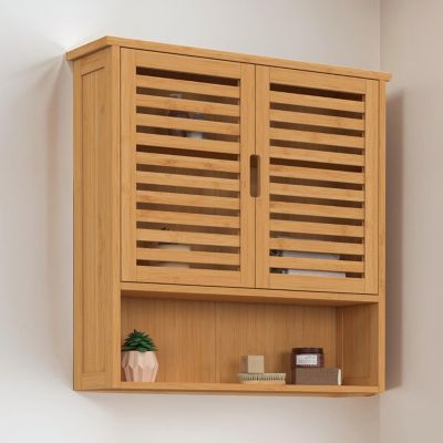 Meuble de rangement suspendu pour salle de bain bambou BEA 2 portes et étagère