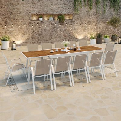 Salon de jardin NOUMEA table extensible 135/270 CM plateau verre trempé effet bois et 12 chaises empilables blanc et bois