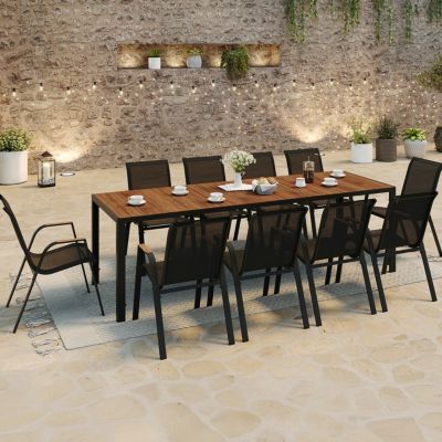 Salon de jardin NOUMEA table 240 cm plateau verre trempé effet bois et 10 chaises empilables noir et bois
