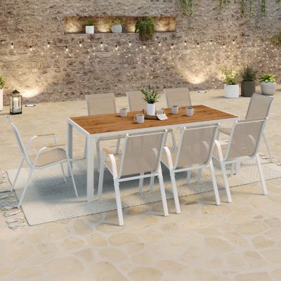 Salon de jardin NOUMEA table 190 cm plateau verre trempé effet bois et 8 chaises empilables blanc et bois
