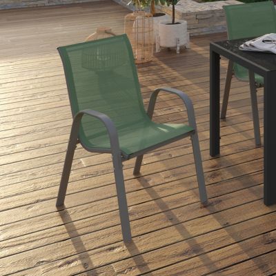 Lot de 6 chaises de jardin LYMA métal et textilène empilables vert olive et gris
