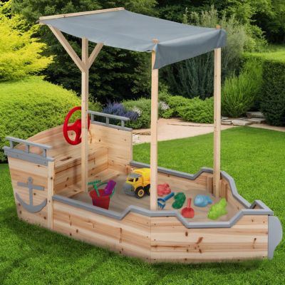 Bac à sable WORLD bois bateau de pirate avec banc coffre et toit