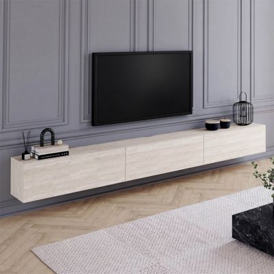 Meuble TV 270 cm suspendu ELIO 3 portes effet travertin - vue 8