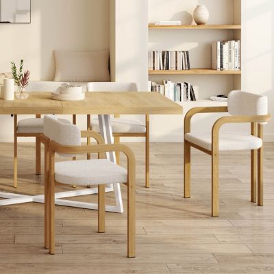Lot de 4 chaises de salle à manger fauteuils de table ESMA en métal effet bois et tissu bouclette avec accoudoirs - vue 2