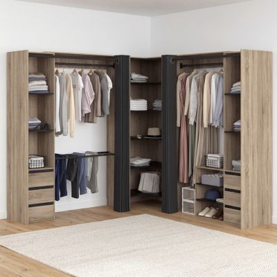 Dressing extensible d'angle MARLON 220 x 220 x 180 cm hêtre avec penderies + porte pantalon + étagères + tiroirs + rideaux noirs