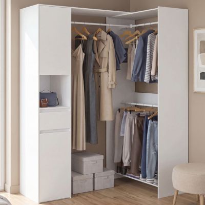 Dressing d'angle modulable . 145 / 203 cm MELMAN triple penderie + portes + tiroir + étagères