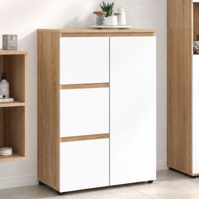 Meuble de rangement salle de bain TOMI 3 tiroirs avec placard façon hêtre et