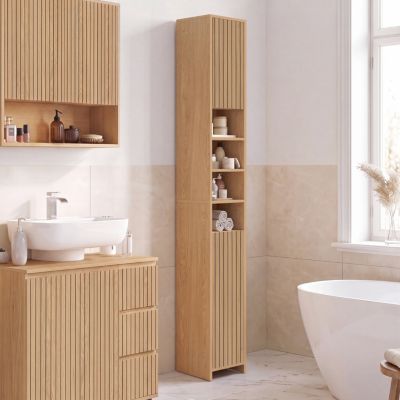 Meuble colonne salle de bain VICTOR 2 portes 4 niches effet lattes - vue 10