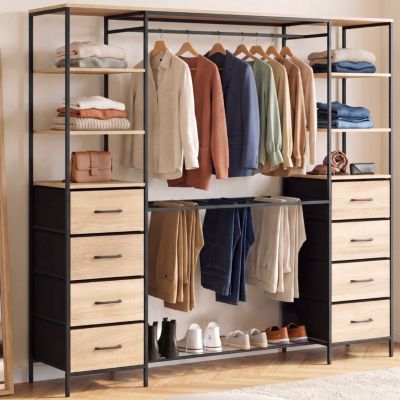 Dressing double UTAH 180 cm avec porte pantalons étagères bacs en tissu et porte chaussures bois et