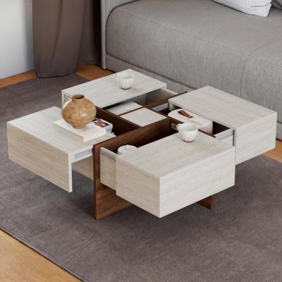Table basse carrée TALIA 70 cm avec tiroirs bois effet noyer et plateau travertin - vue 1