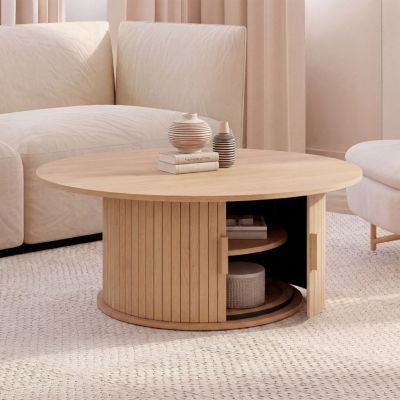 Table basse ronde JULIETTE 100 cm avec rangement lattes tasseau bois coloris chêne - vue 7