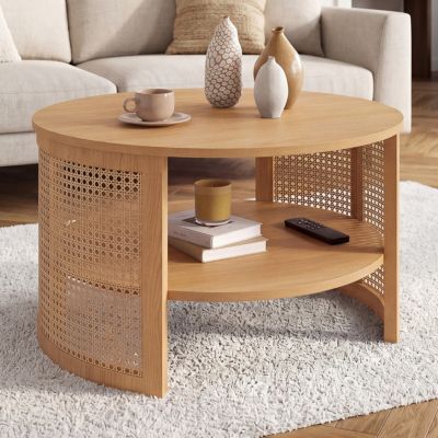 Table basse ronde EDHEN 70 cm effet cannage naturel et bois - vue 2
