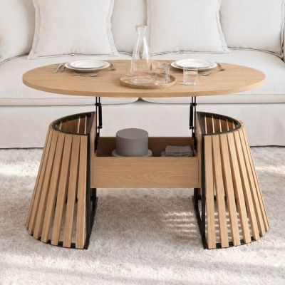 Table basse plateau relevable ovale CARMEN 110 cm pieds bois en lattes et plateau bois